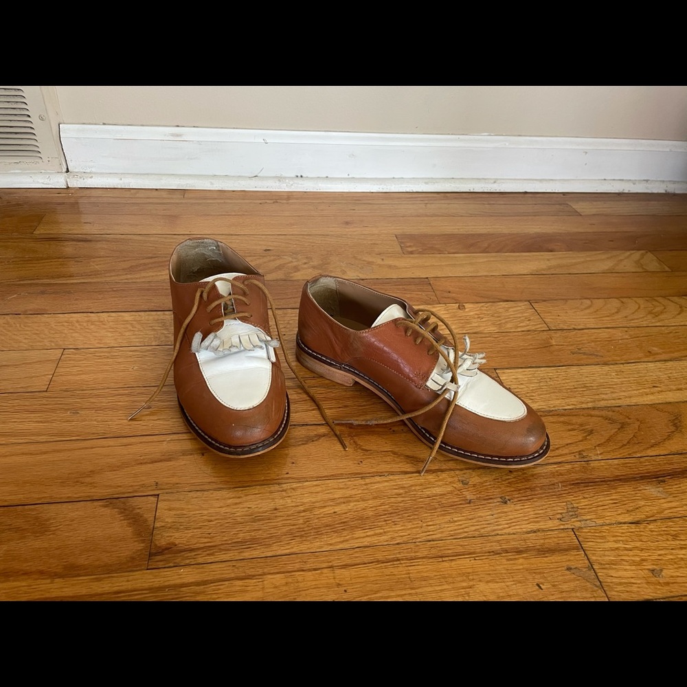 Urban outfitters brown and white fringe loafers